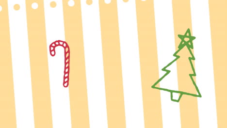 animación de dibujos a mano de decoraciones navideñas en papel de fondo a rayas amarillas y blancas