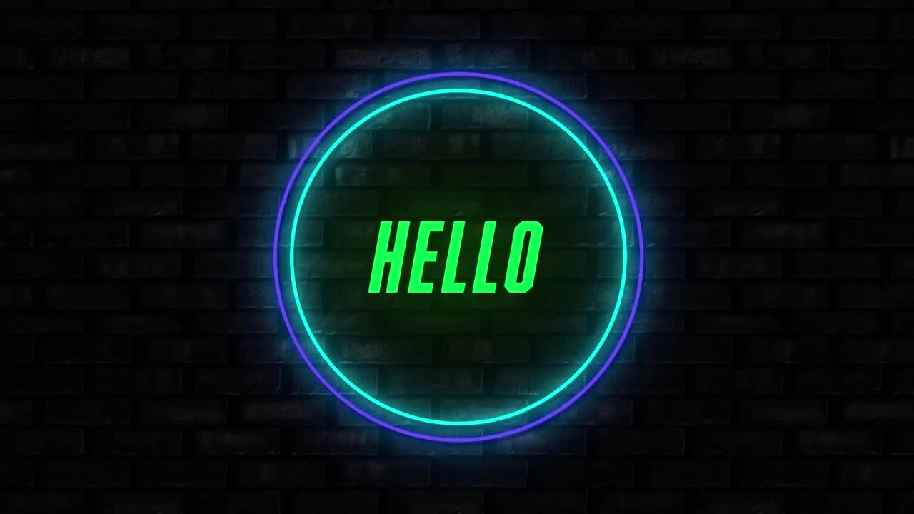 Animation of hello text in neon circle over black background