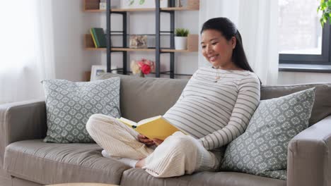 Happy-Pregnant-Woman-Reading-Book-at-Home.pregnancy,-people-and-leisure-concept--happy-smiling-pregnant-asian-woman-sitting-on-sofa-and-reading-book-at-home