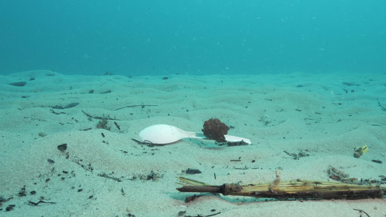 일회용 플라스틱 도구를 사용하여 버려지고 결국 해류에 떠다니는 해저 영상을 담은 수중 영상