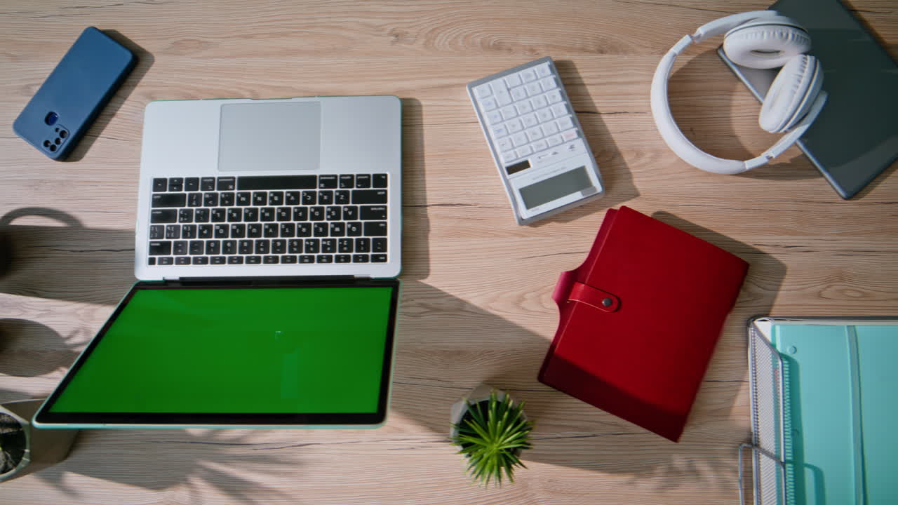 Empty professional workspace mockup laptop for remote job top view pad right