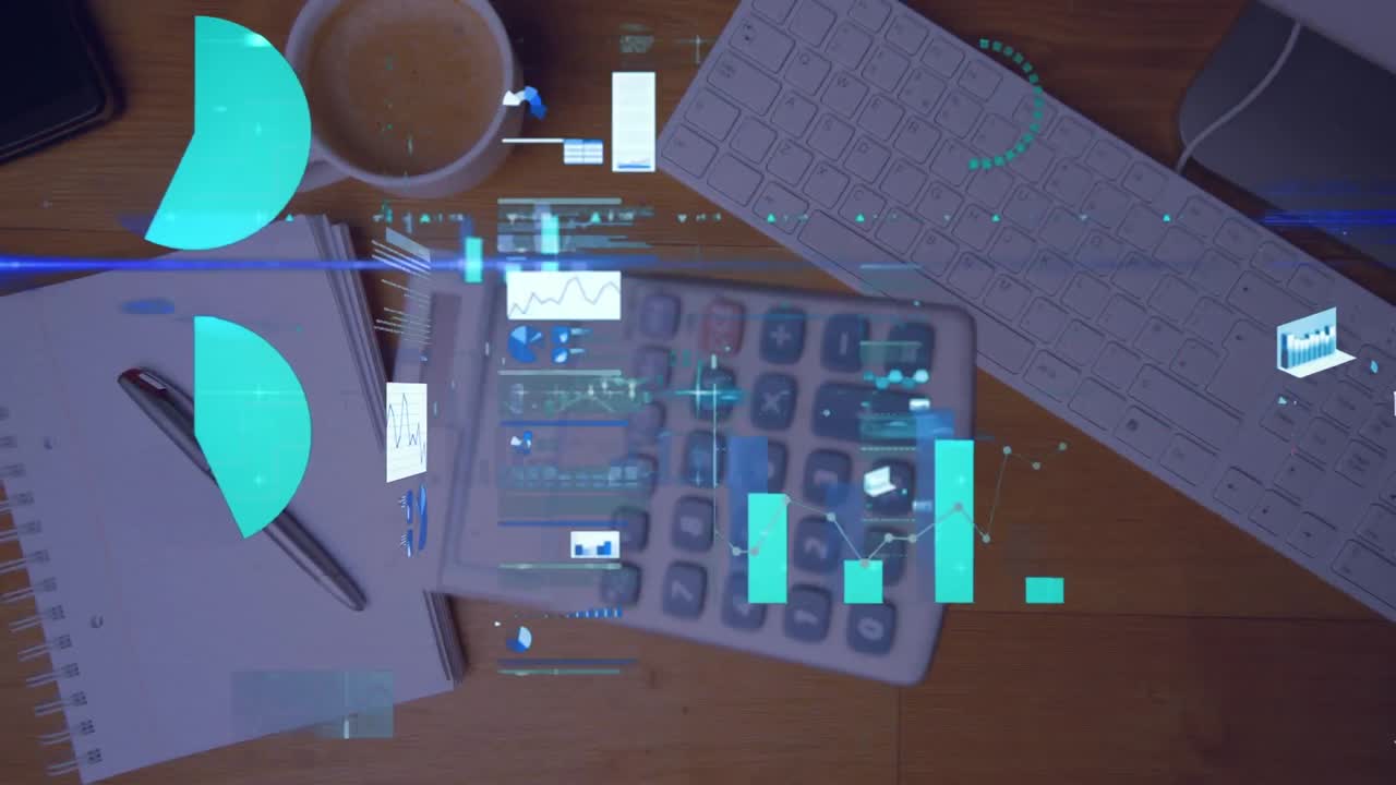 animación del procesamiento de datos estadísticos contra una calculadora que cae sobre una mesa de oficina de madera
