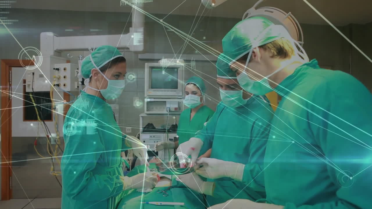 Medical data and network connections animation over surgeons performing operation