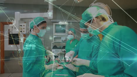 medical data and network connections animation over surgeons performing operation