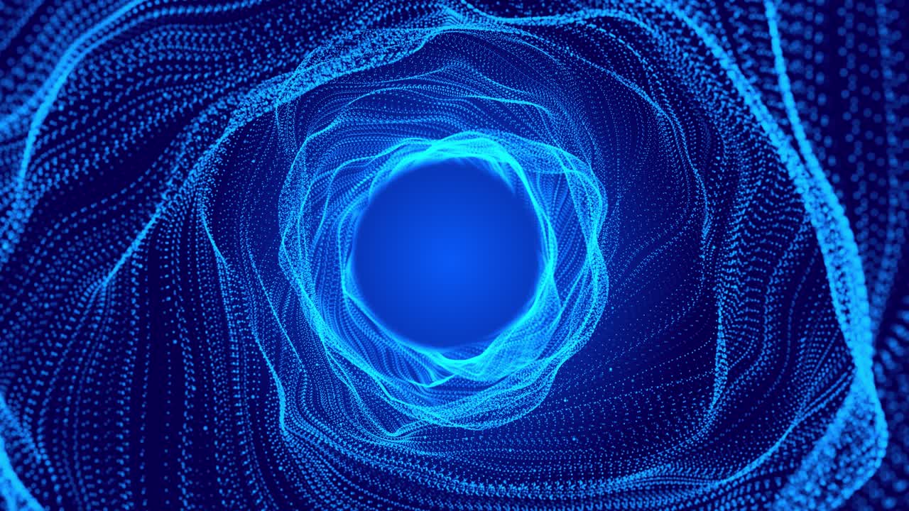 Abstract digital tunnel flowing spiral waves of glowing dots forming dynamic vortex effect