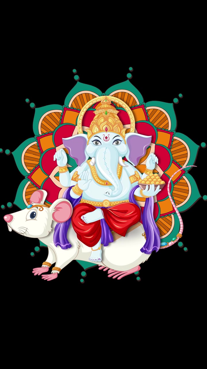 Un'illustrazione colorata di Ganesha che cavalca un topo bianco su uno sfondo verticale nero