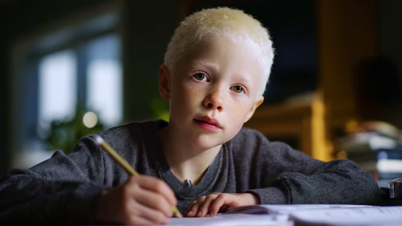 Bambino concentrato che scrive intensamente con una matita, mettendo in risalto la concentrazione e la creatività in un ambiente interno accogliente con luce naturale