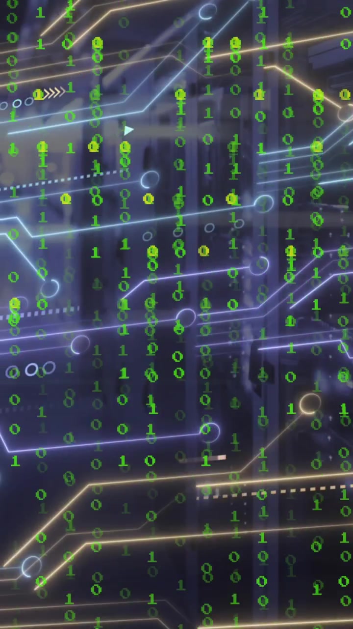 Animation of binary coding data processing over computer motherboard