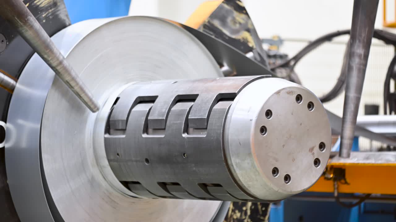 bobinas industriales de chapa metálica conectadas con la máquina de formación de perfiles de chapa metalica.