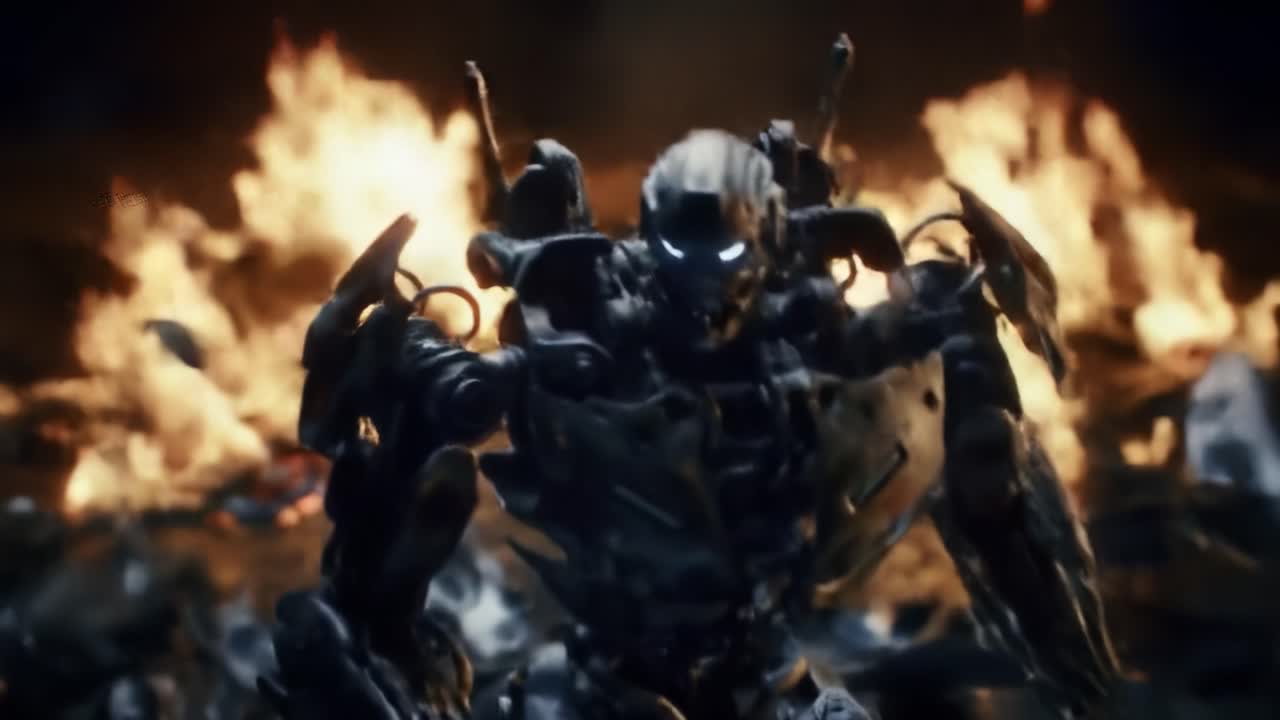 A powerful robot emerges from the rubble, illuminated by fierce flames in the background. This dramatic moment captures the tension and strength of advanced technology in a chaotic setting.