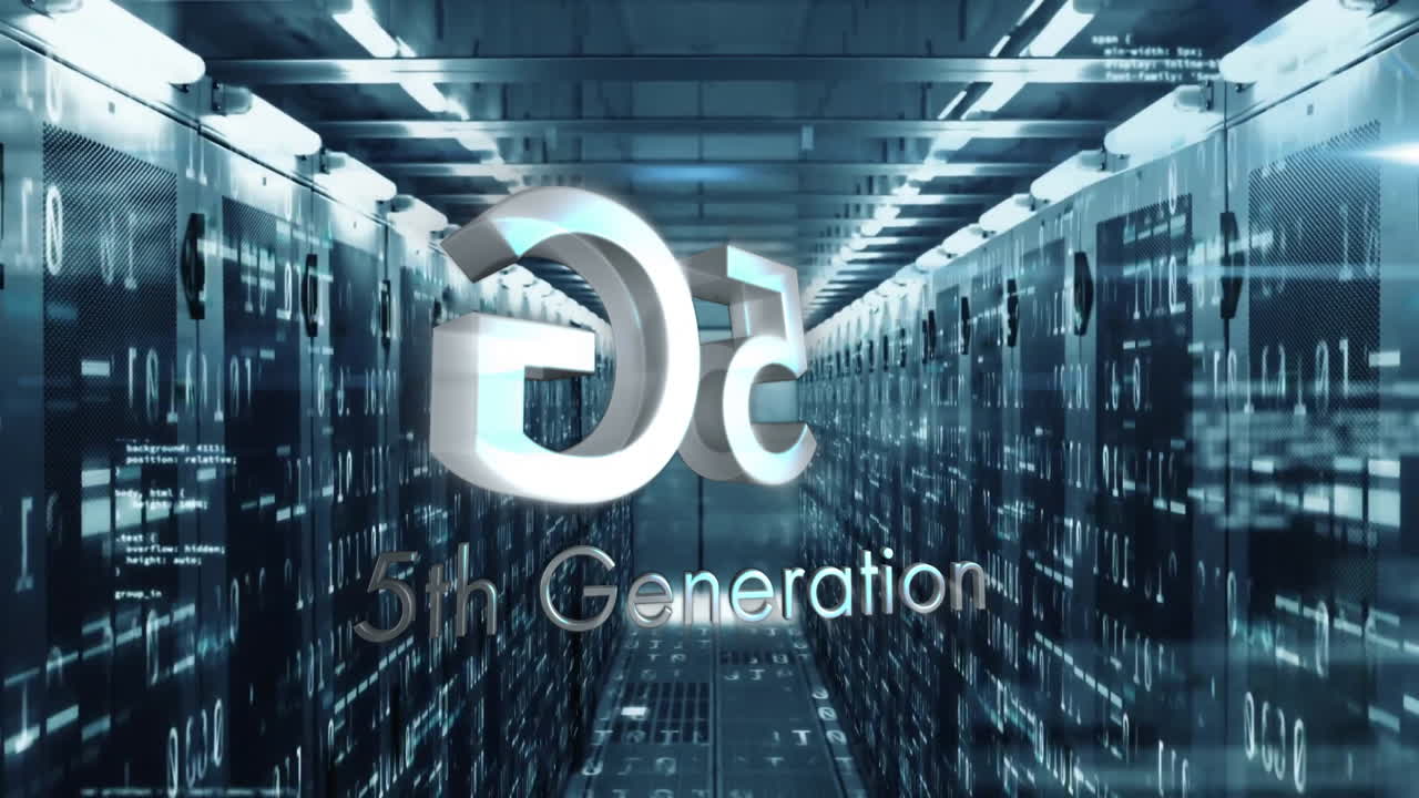 In school, animation of futuristic data center corridor with digital elements