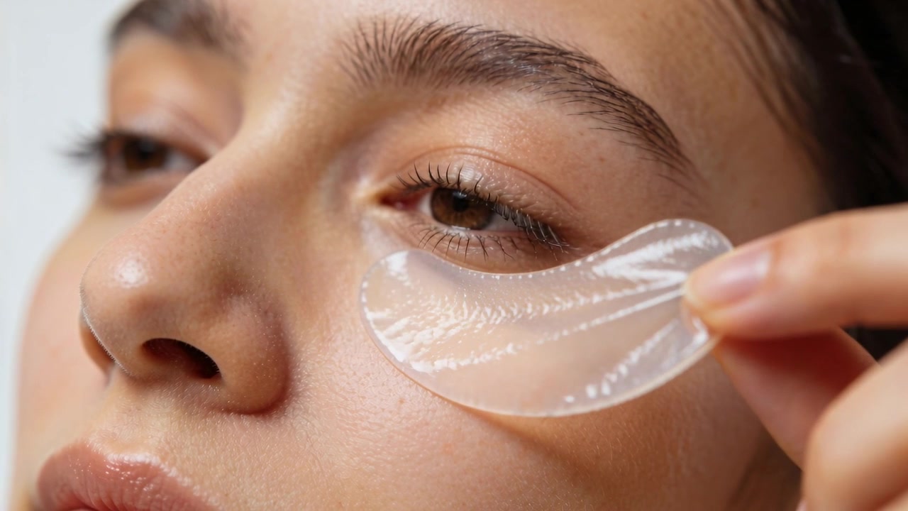 Peeling backing, woman applying crescent hydrogel patch under right eye at vanity, hydrating skin