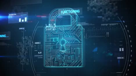animación del escaneo del alcance sobre el icono del candado de seguridad y el procesamiento de datos en fondo negro