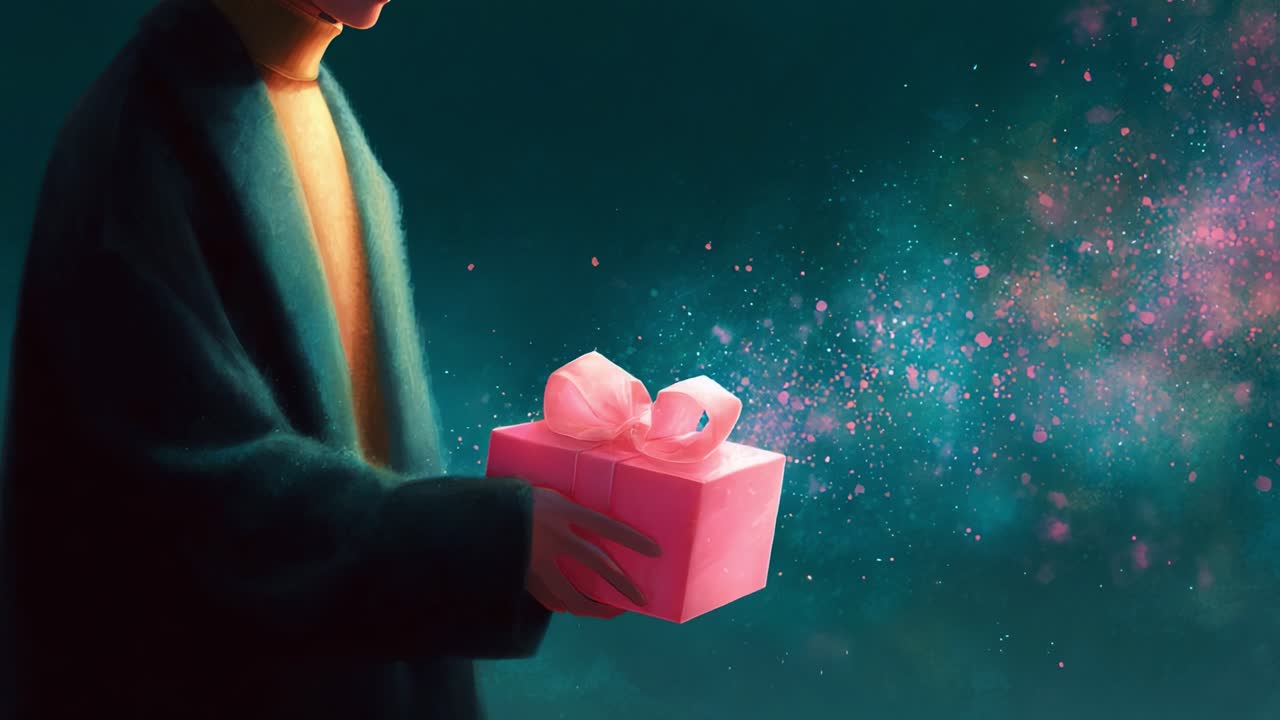 A mysterious figure stands in a dark, enchanting environment, holding a beautifully wrapped pink gift box that appears to radiate magical sparkles and wonder, capturing the essence of anticipation and celebration