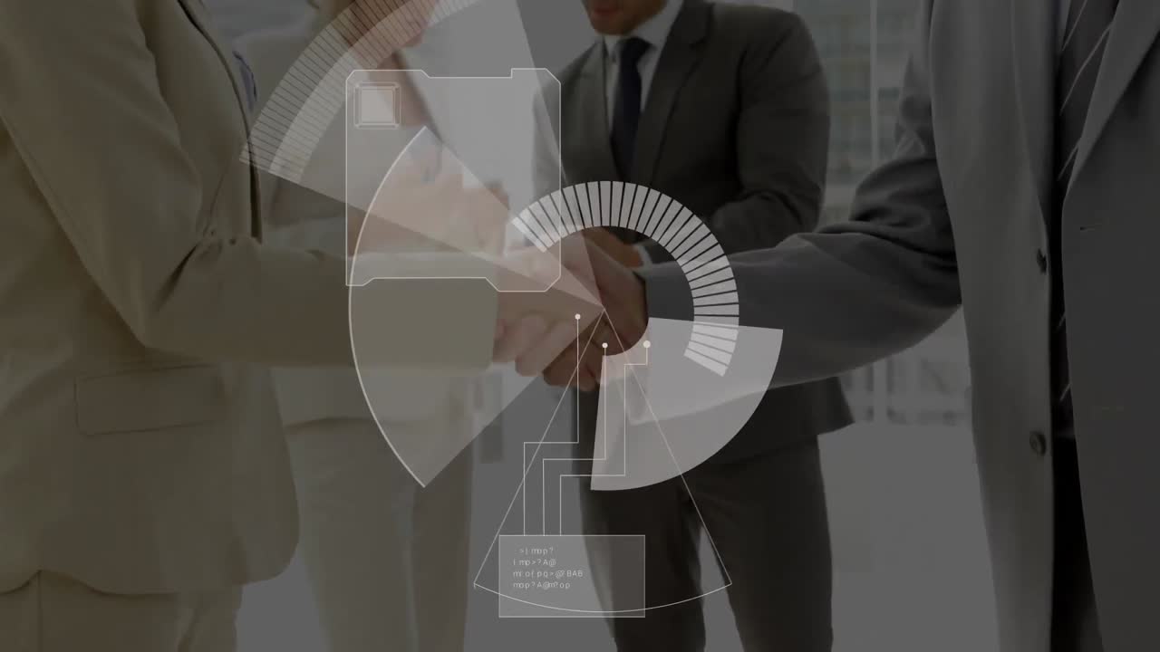 Animation of data processing over businessman handshake
