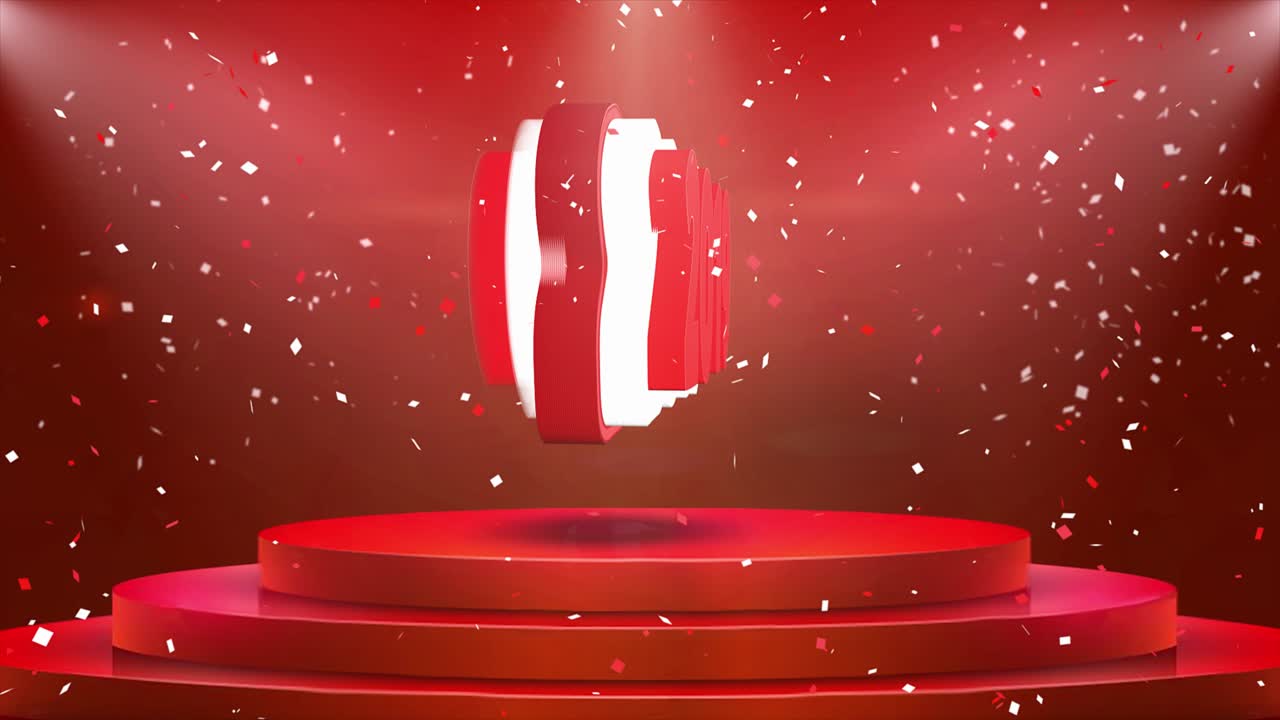 2019 animación de texto en la alfombra del podio de la etapa 3d. cortina roja de reval con explosión de confeti de papel de aluminio abstracto, reflector, chispas de brillo, animación de bucle 4k.