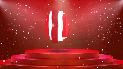 2019 animación de texto en la alfombra del podio de la etapa 3d. cortina roja de reval con explosión de confeti de papel de aluminio abstracto, reflector, chispas de brillo, animación de bucle 4k.