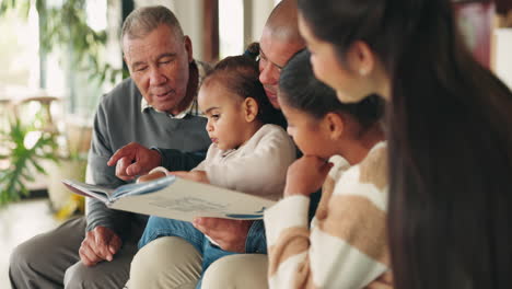 familia grande, lectura de libros y niños en casa