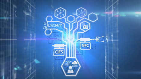 red de iconos digitales sobre rastros de luz y puntos de luz contra un fondo azul