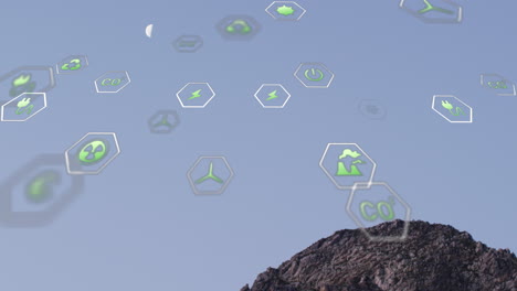 animación de iconos de sostenibilidad y ecología sobre el paisaje