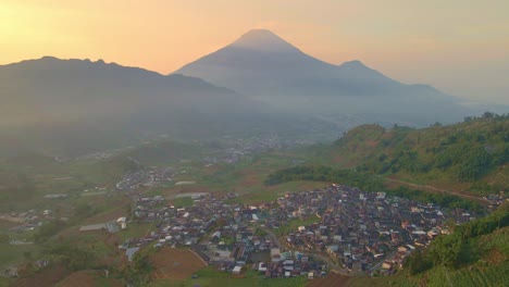 aerial view over the mountains at kejajar village in wonosobo, indonesia