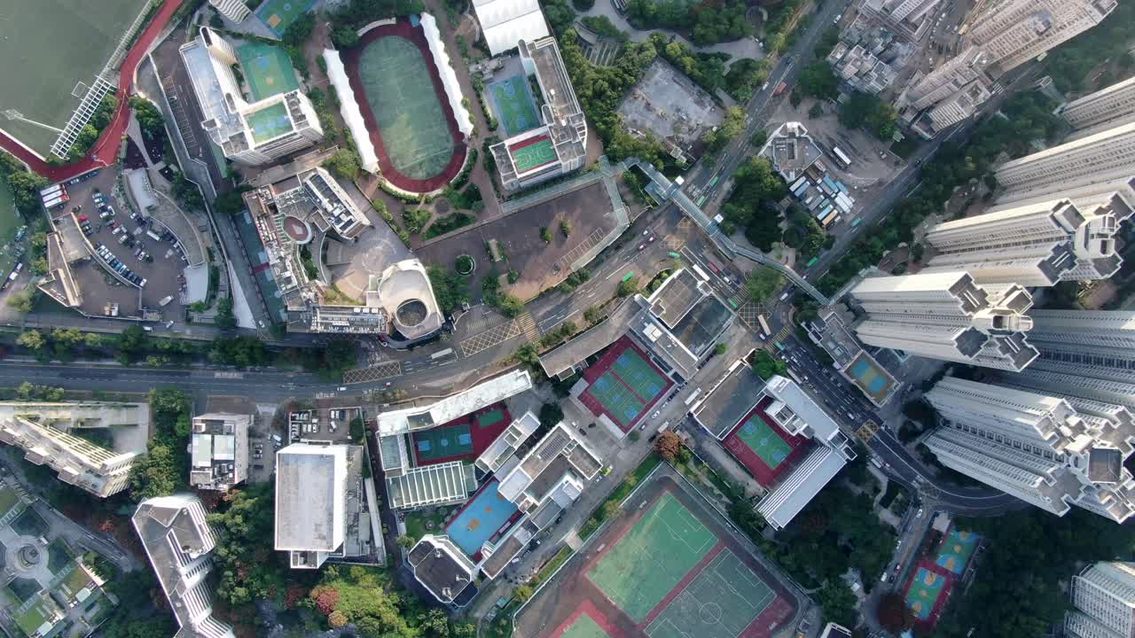 중앙 홍콩, 하향식 교통 및 도시 고층 빌딩의 조감도