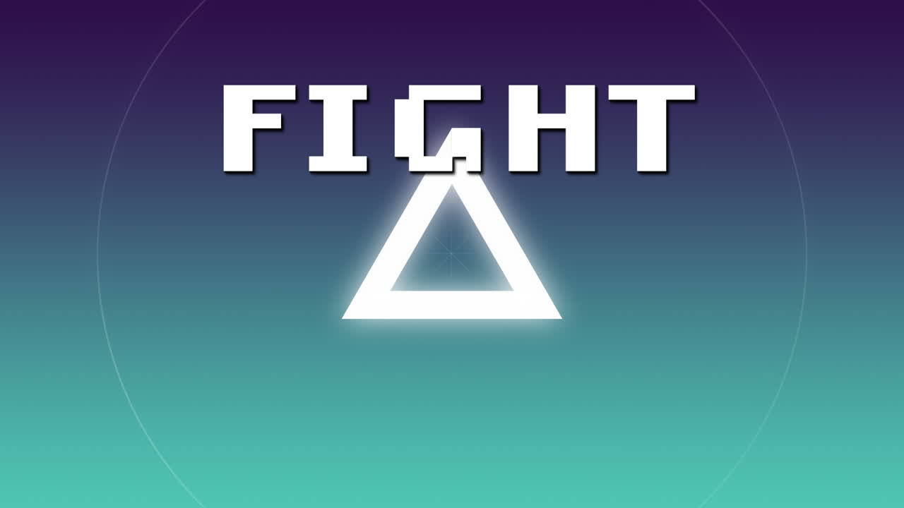 animación de la lucha de texto de píxeles blancos, sobre formas blancas pulsantes, sobre un fondo azul graduado