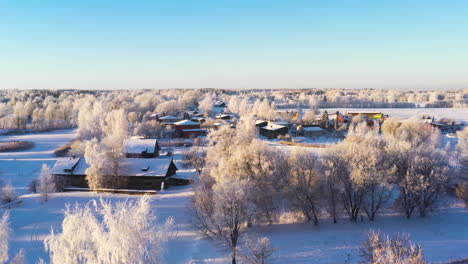 Rural-Small-Town-in-Germany-Countryside,-Aerial-View-in-Snowy-Winter