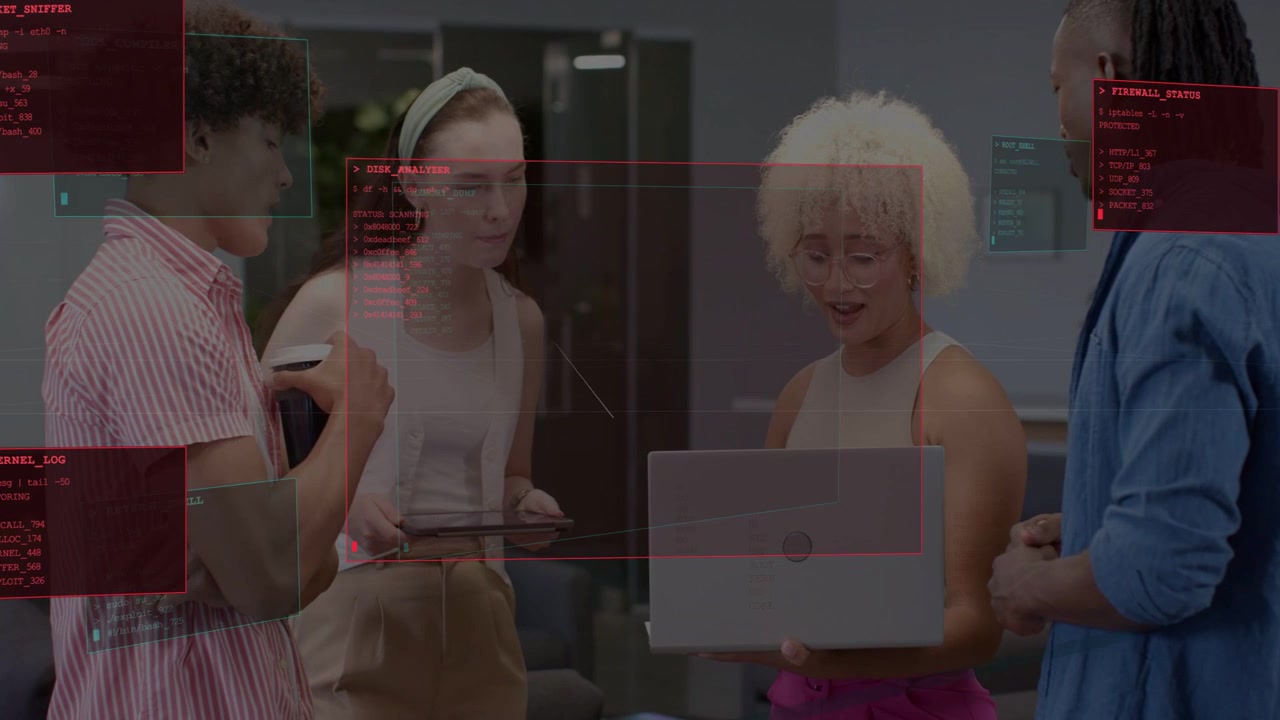 Four colleagues, man using phone summoning red HUD panels on glass while team reviewing laptop data