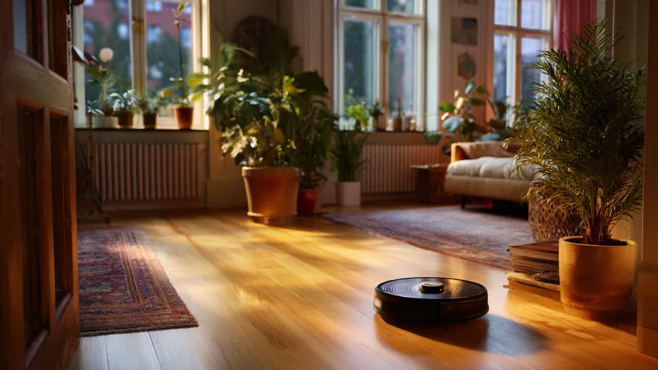 Sebuah robot penyedot debu modern beroperasi di dalam ruang tamu yang terkena sinar matahari dan dipenuhi tanaman yang menampilkan suasana nyaman dan mengundang ketenangan rumah tangga