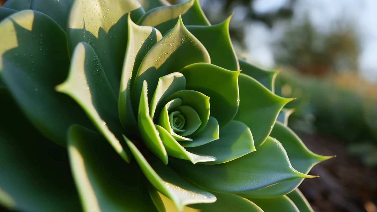 Detailed close-up of a green succulent plant with layered spiky leaves, filling the foreground against a softly blurred outdoor background in warm sunlight
