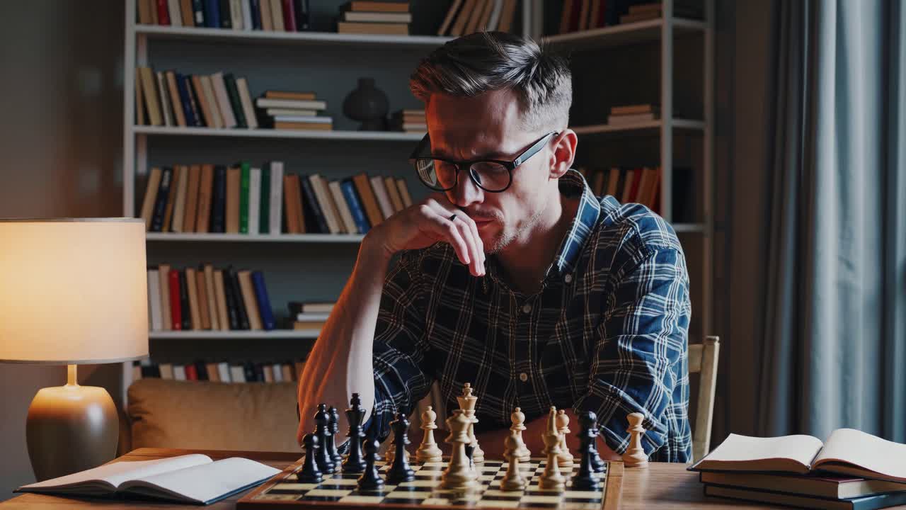Man Concentrated in Chess Game in a Home Library