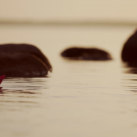 red and green paper ships in the river. origami paper boats are sailing in the lake. beautiful waves ripple background. unusual travel concept. filtered video.