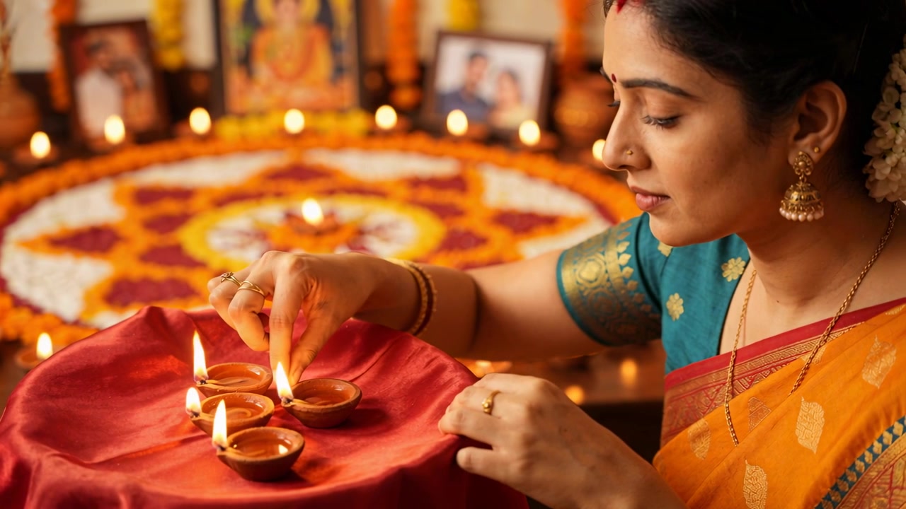 Donna indiana con un vassoio in mano che accende delle diya su un altare di preghiera, indossa un sari arancione con rangoli