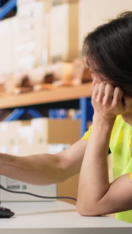 vertical video sleepy asian staff member dealing with burnout in industrial warehouse