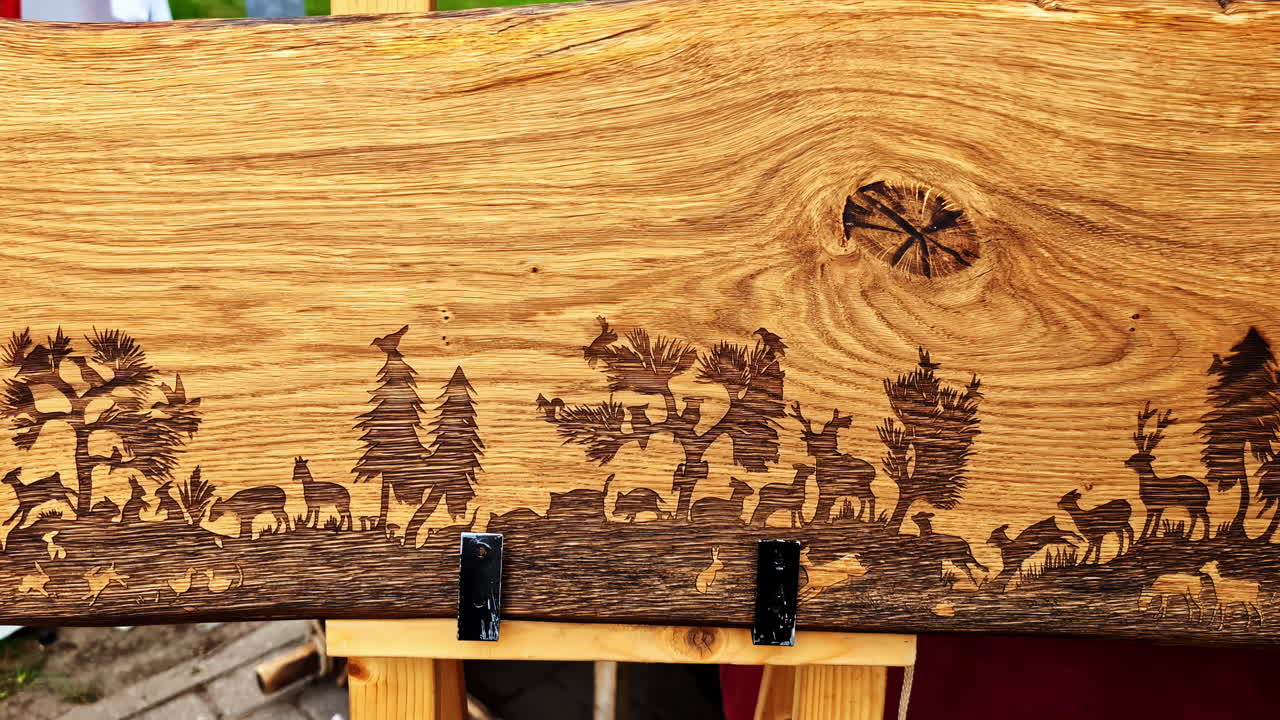 Closeup shot of a designed wooden plate in Riga, Latvia. Artistry