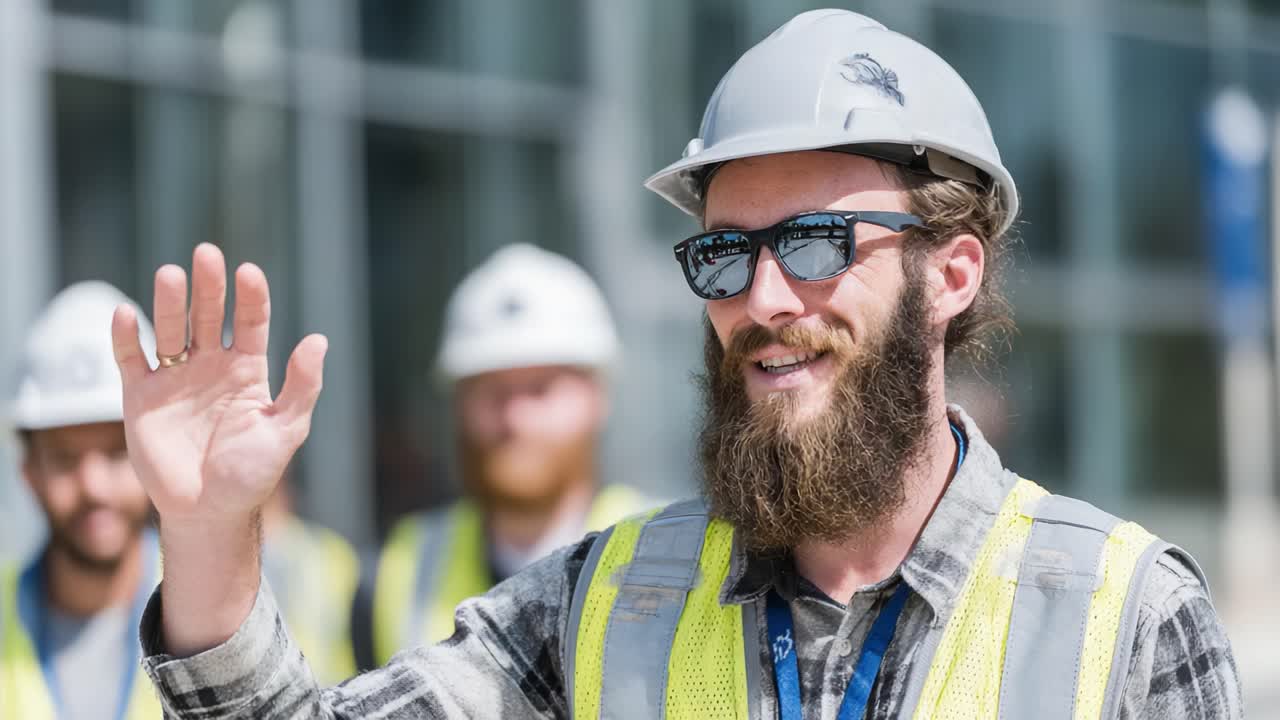 A cheerful construction worker wearing a hard hat and safety gear, waves joyfully at the camera, showcasing camaraderie among colleagues at a worksite