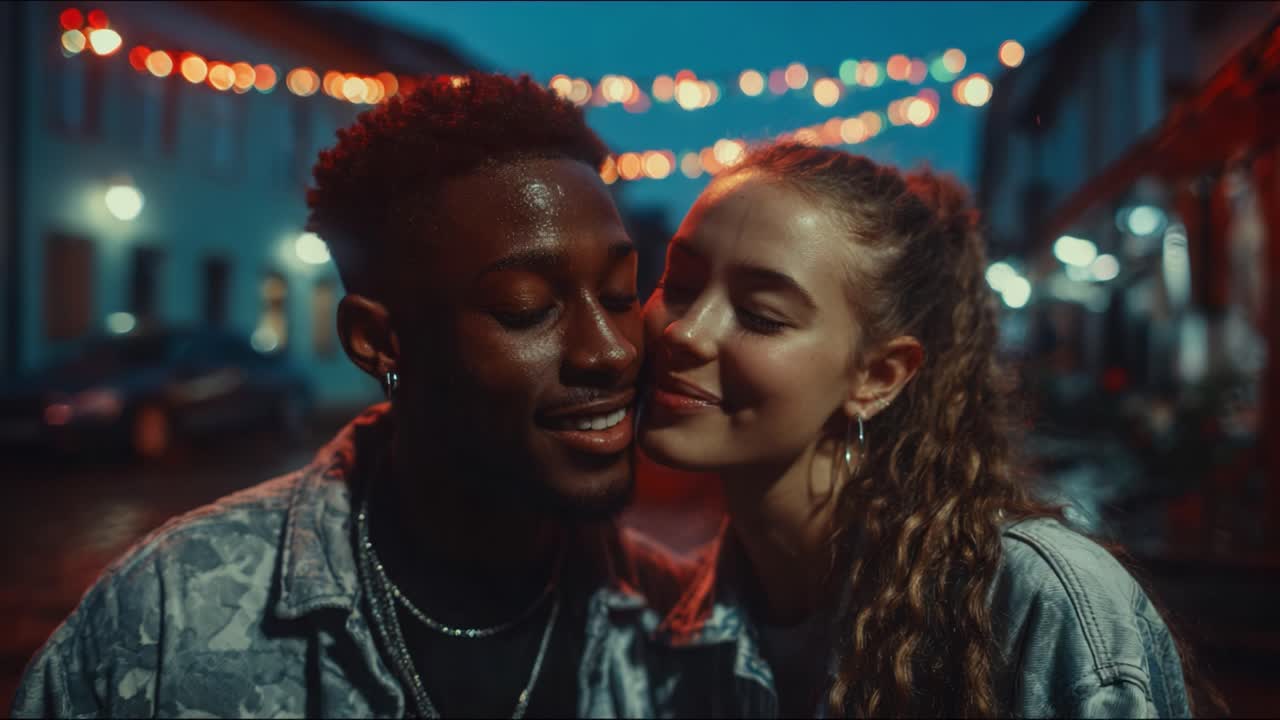 A tender moment captured at twilight between two friends, illuminated by soft lights and surrounded by a charming evening atmosphere, showcasing their joyful connection