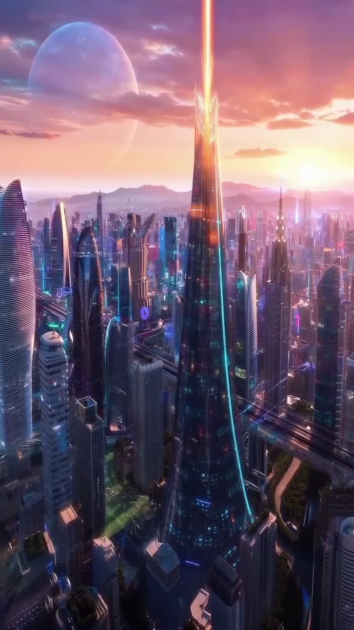 Città futuristica al tramonto, vista aerea. Grattacieli eleganti, tonalità vibranti, atmosfera da videogioco.