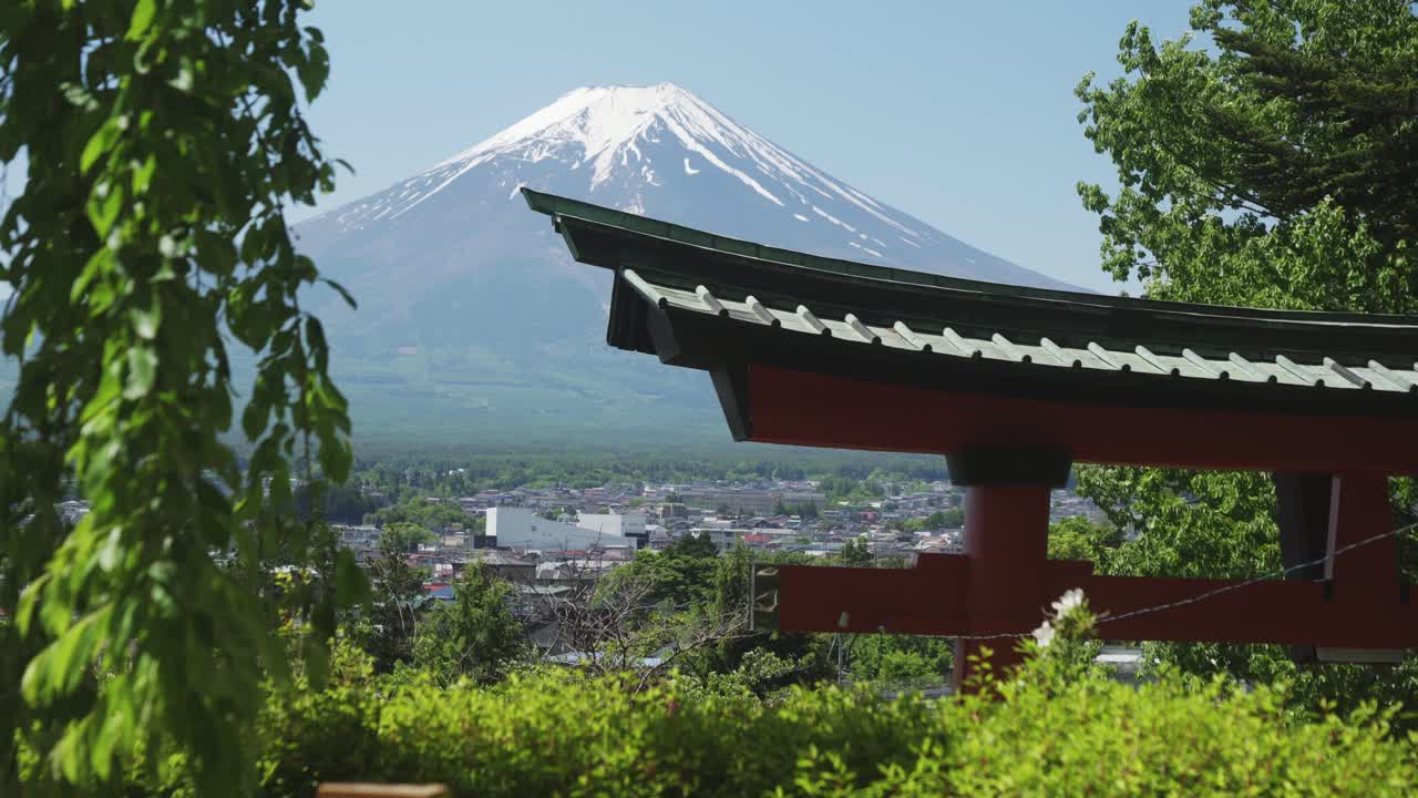 Kasagi of a Torii with Mount Fuji in the background in Fujiyoshida, Yamanashi, Japan. Establishing shot on a sunny day