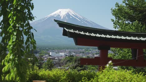 kasagi of a torii with mount fuji in the background in fujiyoshida, yamanashi, japan. establishing shot on a sunny day