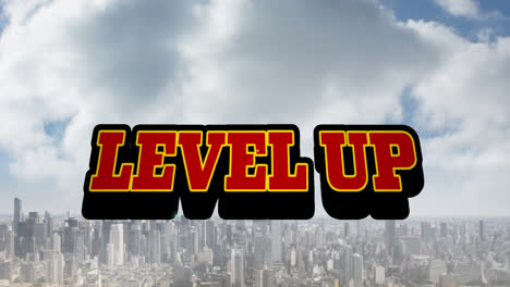 animation of level up text over cityscape