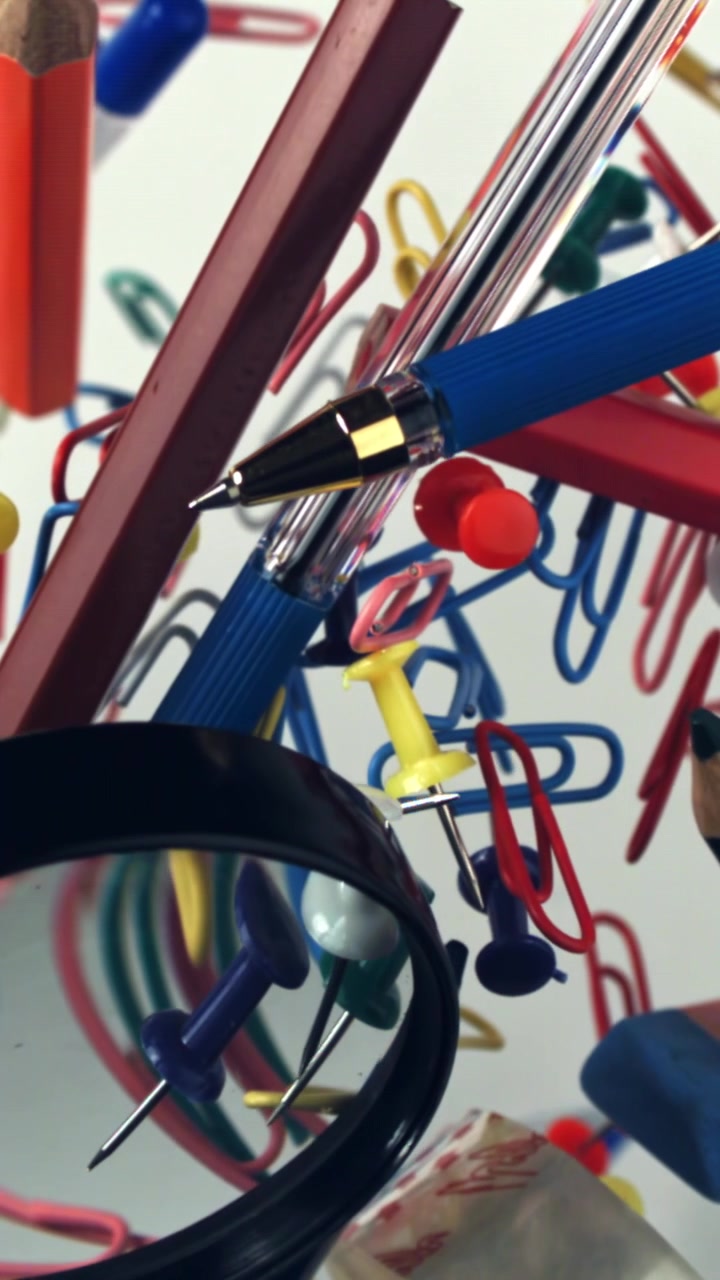 Close-up Focus Pull on Colorful Office and School Supplies