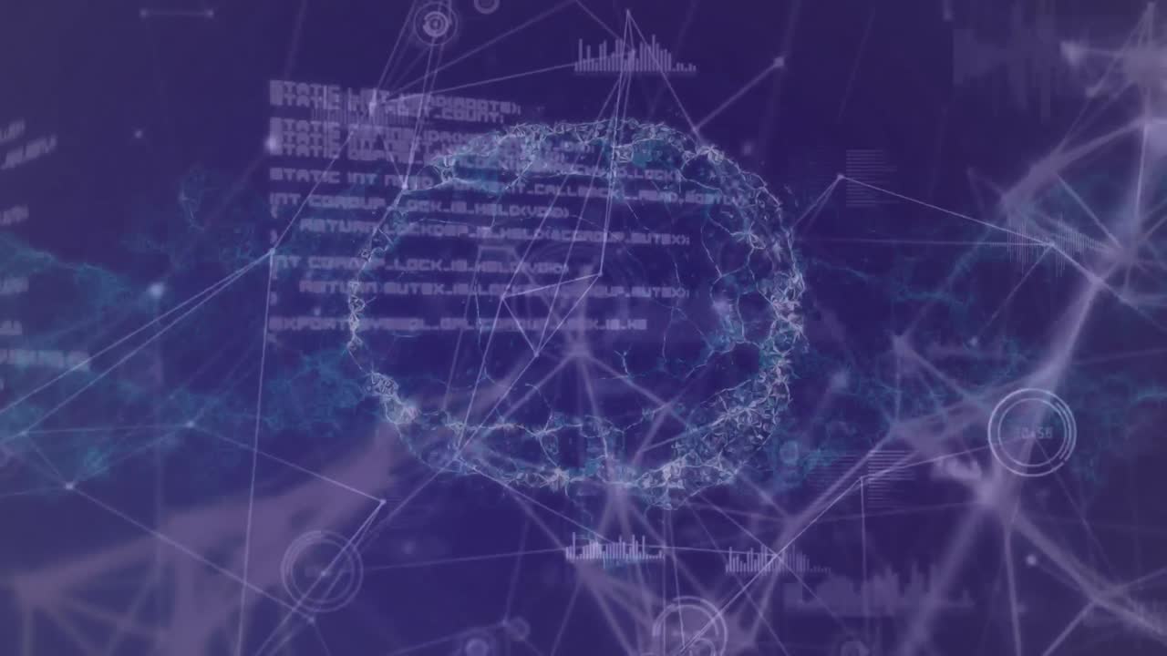 보라색 바탕에 인간의 뇌와 연결된 네트워크의 애니메이션