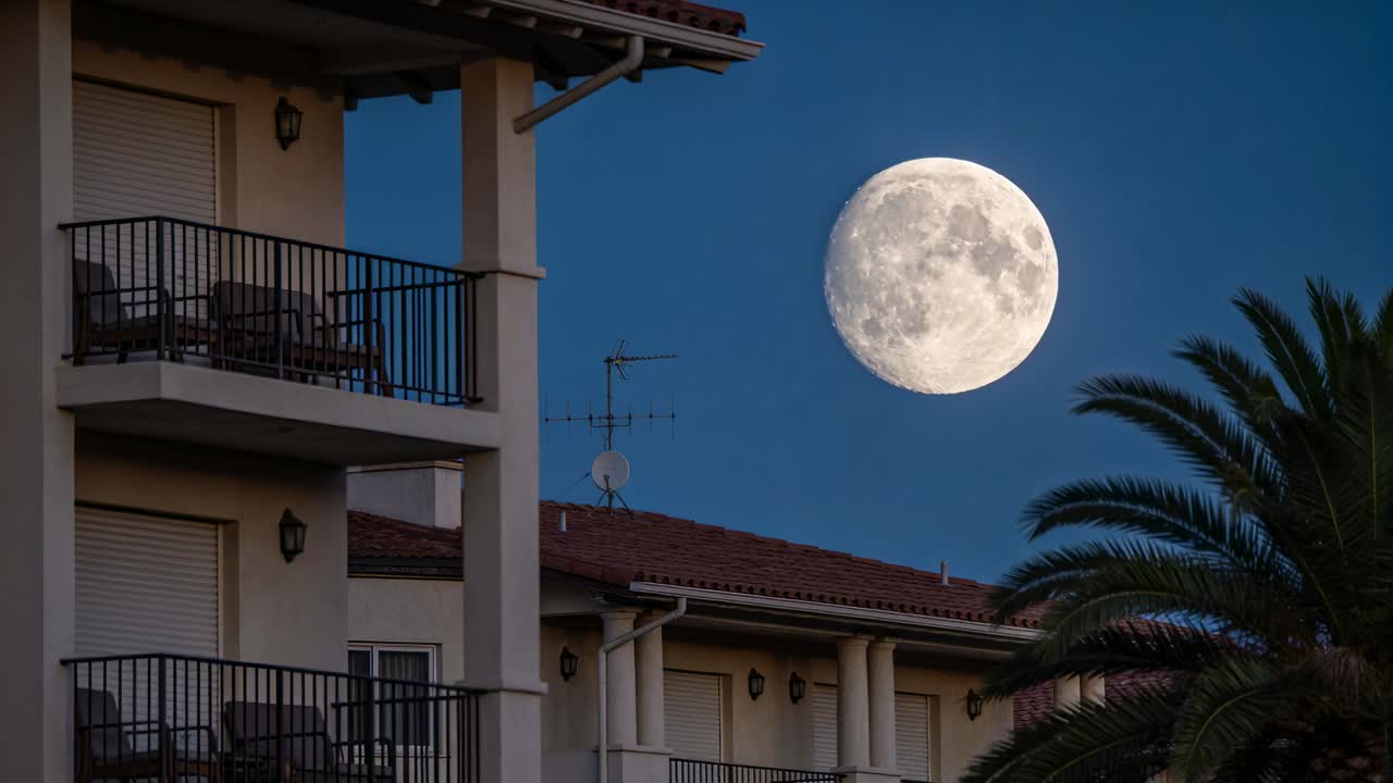 Lua cheia nascendo, aproximando-se de palmeiras e varandas, com o cair da noite, espaço para cópia.