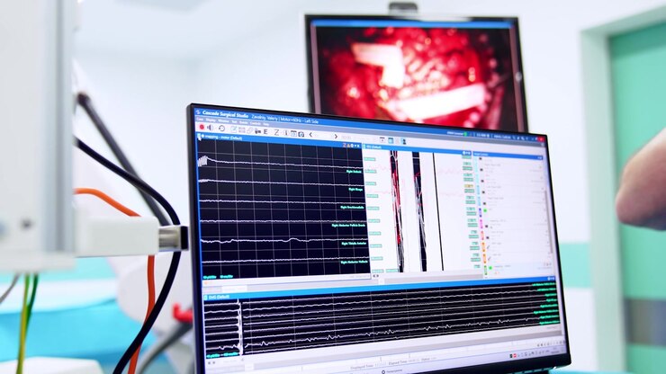 Monitor del computer con onde cerebrali in movimento. Lo schermo sullo sfondo mostra il cervello operato. Operazione di neurochirurgia