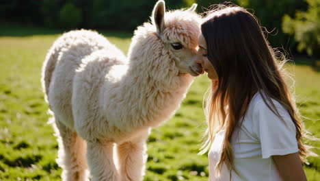woman and white alpaca bonding in a sunny field