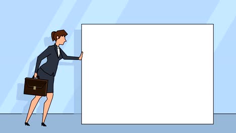 flat cartoon businesswoman character with case bag pushes white board animation