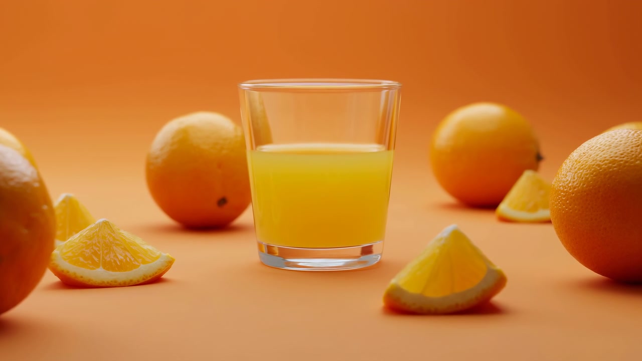 Bicchiere trasparente centrato mezzo pieno di succo d'arancia brillante su un tavolo arancione caldo, circondato da arance intere e spicchi tagliati. Luce soffusa da studio da
