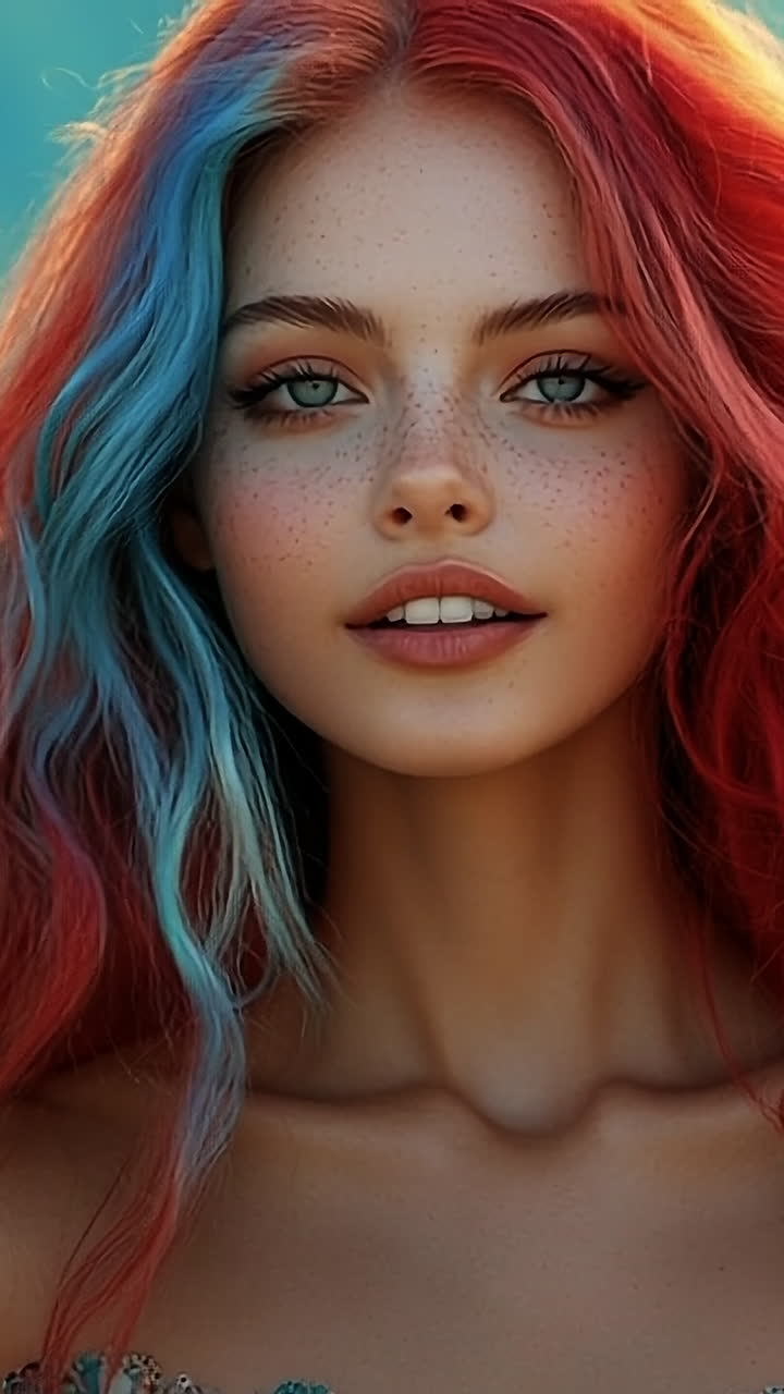 Vibrant-haired woman in nature. A confident young woman with bright red and blue hair stands outdoors, surrounded by colorful autumn foliage.